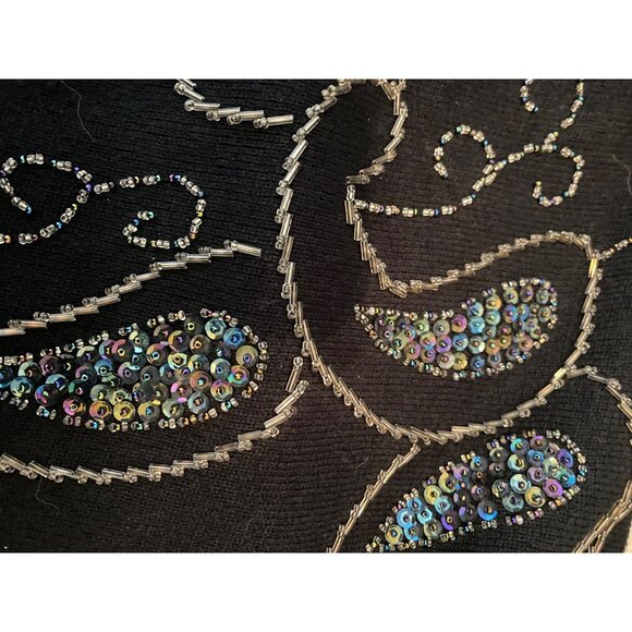Black Open Front Shawl Iridescent Bead Sequin Paisley Design One Size Fits Most - Picture 4 of 6